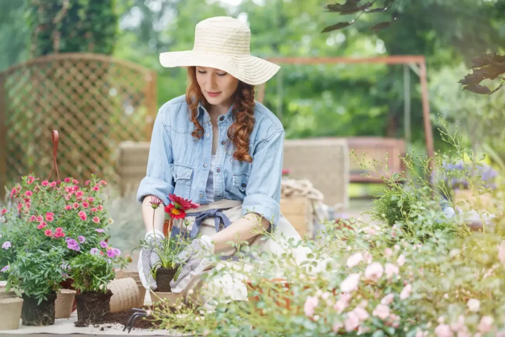 Junge Frau hockt auf dem Boden und pflanzt Blumen in Blumentöpfe ein.